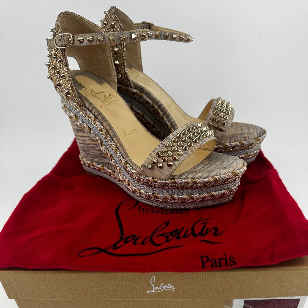 Louboutin Madmonica Wedge Sandals with Gold Studs - Size 39